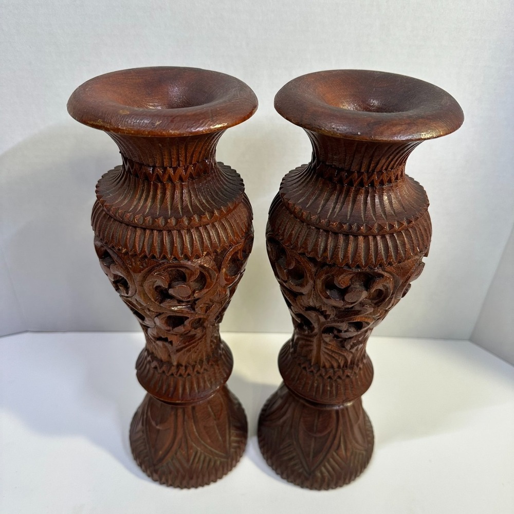 Vintage Thailand Solid hand carved wooden vases/candle holders. SET of 2